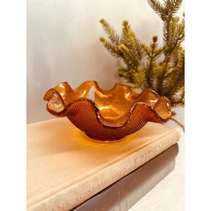 1970s Fenton Deep Amber Carnival Glass Ruffled Rim Trinket Dish Waffle Pattern